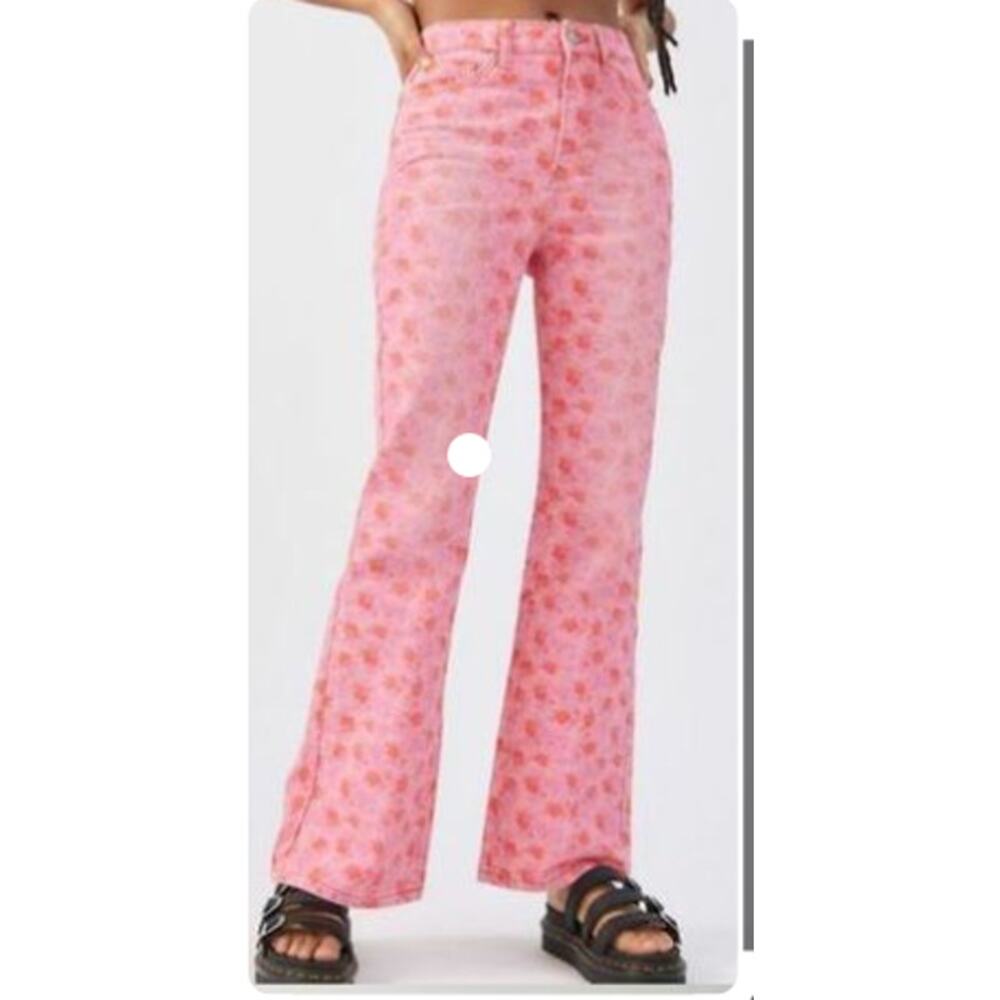 NEW BDG Urban Outfitters 26 High Rise Flare Pink Floral Painted Jean Boho HIppie